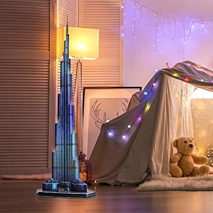 ألغاز ثلاثية الأبعاد LED برج خليفة دبي 57.5" ارتفاع نموذج معماري لمجموعات البنايات للبالغين، زينة تذكارية وهدايا عيد ميلاد للرجال والنساء، أطول برج 136 قطعة، 5523215 - Image 4